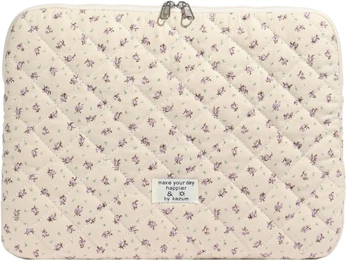 Cute Laptop Sleeve 13-15 inch Laptop Case Aesthetic Quilted Laptop Sleeve Computer Bag with Flower Printing for MacBook (Purple, 13inch)