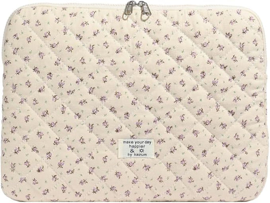 Cute Laptop Sleeve 13-15 inch Laptop Case Aesthetic Quilted Laptop Sleeve Computer Bag with Flower Printing for MacBook (Purple, 13inch)