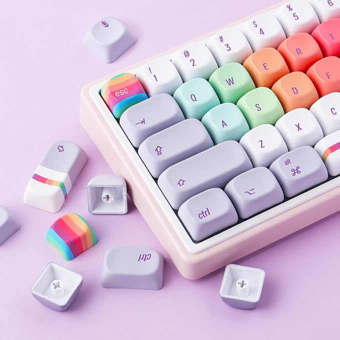Tsungup MOA Profile Keycaps,131 Keys Gray Rainbow Candy Custom Keycaps,PBT Cute Dye Sub Key Caps Keyboard Keycap Set for MX Switches Mechanical