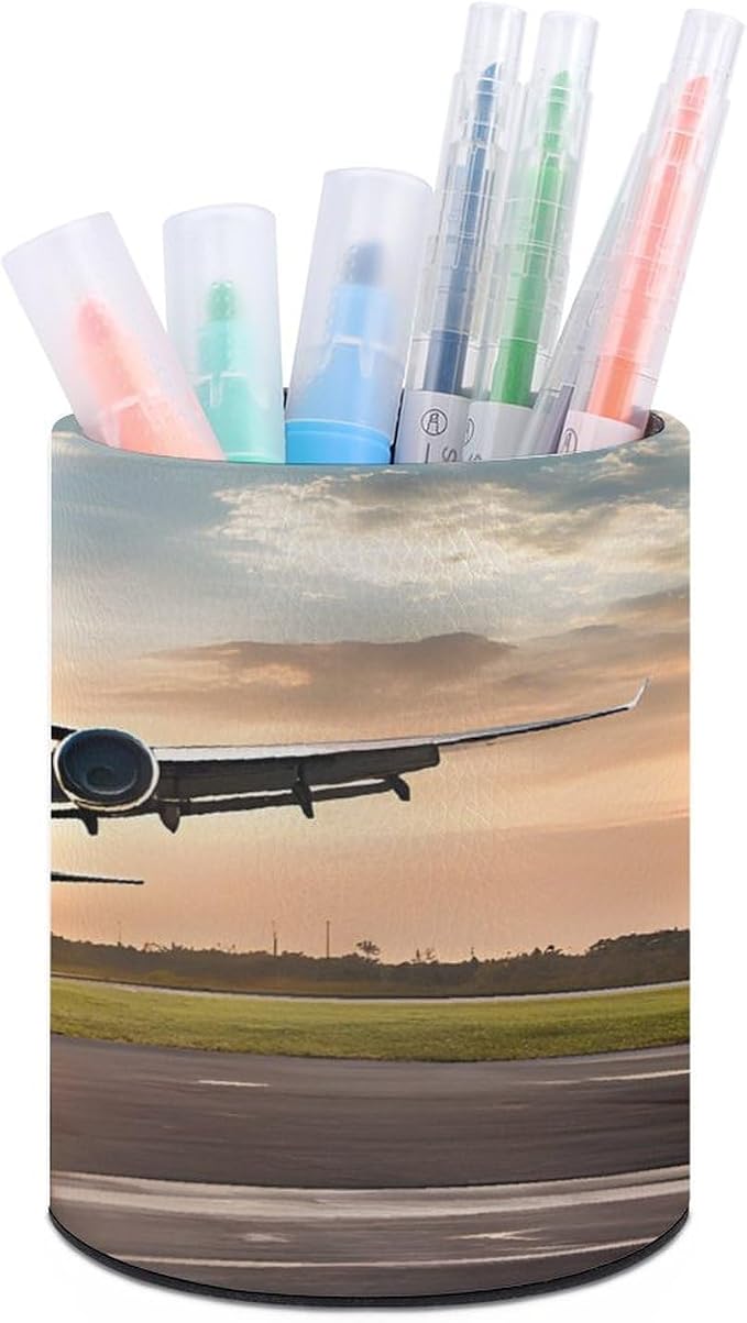 PU Leather Desk Organizer Pen Holder Cup for Office Home School, Airplane Pen Holder, Minimalist Round Stationery Caddy, Stylish Desktop Storage for Supplies Gifts