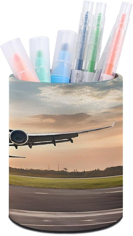 PU Leather Desk Organizer Pen Holder Cup for Office Home School, Airplane Pen Holder, Minimalist Round Stationery Caddy, Stylish Desktop Storage for Supplies Gifts