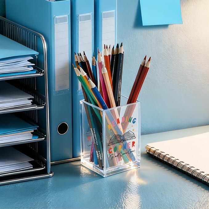 Reading Corner Acrylic Cosmetic Holder, Funny Desk Organizer for Book Lover Bookish Bookworms Readers, Library Classroom Café Desk Decoration, Pen Holder Gifts For Women Men Friends