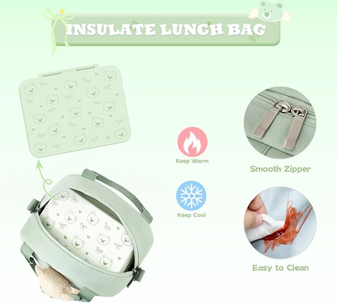 ACESAK Backpack for Girls with Bento Box - 4 PCS Cute Girls Backpack with Lunch Box, Pencil Case & Bento Box Set - 43oz Leakproof Lunch Box Kids Snack Containers Set Back to School Supplies (Green)