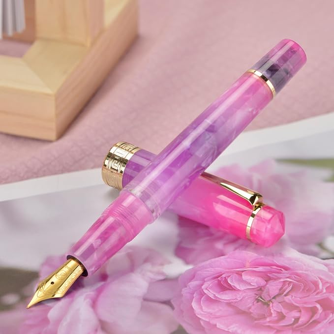 Asvine P20 Piston Fountain Pen Gradual Purple Resin, Iridium Extra Fine Nib Gold Trim Smooth Writer Collection with Case Set