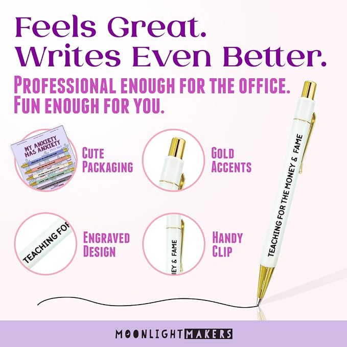 Moonlight Makers Funny Pens — Cute Pens with Sayings for Anxiety, Black Ink Ballpoint, Snarky Office Desk Accessories, Women, Coworkers, Friends, Gift Ideas, Set of 5, My Anxiety Has Anxiety