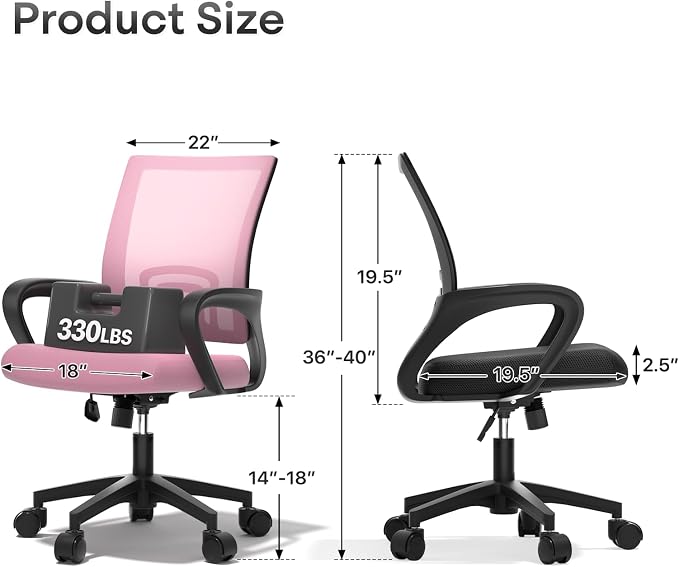 Ergonomic Mesh Office Chair, Heavy Duty 330 Lb Capacity 24 Pack, Pink | Mid-Back Desk Chair, Rolling Wheel, Breathable Mesh Backrest & Lumbar Support, Adjustable Height, Sponge Seat for Home Office