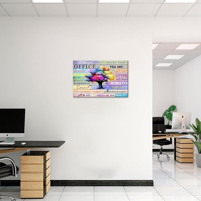 Inspirational Wall Art for Office Team Rules Wall Art Office Wall Decor Motivation Positive Quotes Wall Decor Colorful Tree Signs Framed Painting Prints Artwork for Home 36x24in Framed