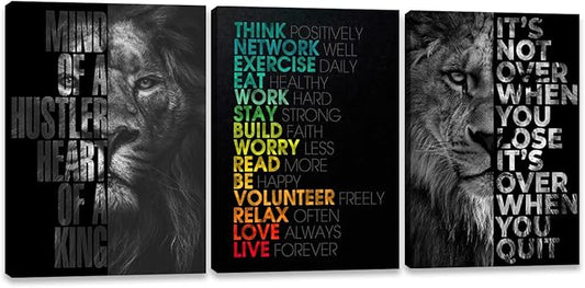 3 Pieces Lion Wall Art - Motivational Wall Art, Inspirational Canvas Prints for Office Decor, Positive Quotes Posters for Men, Leadership & Strength Pictures for Bedroom Living Room, 24inch x36inch