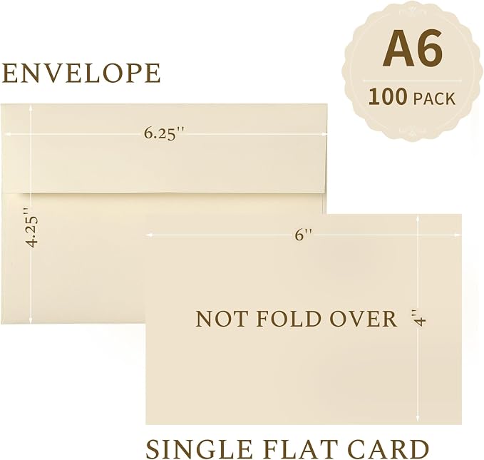 Goefun Ivory Blank Cards and Envelopes 4x6 (Not-Folded), Cream Flat Note Cards 4x6 and A6 Envelopes Self Seal 100 Pack for Wedding, Invitations, DIY Notecards, Birthday & All Occasion