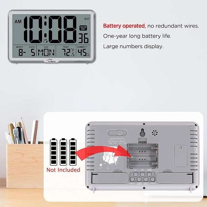 WallarGe Auto Set Digital Wall Clock Battery Operated, Auto DST | Desk Clock with Temperature, Humidity and Date, Large Display Digital Calendar Alarm Clock for Bedroom, Office, Classroom