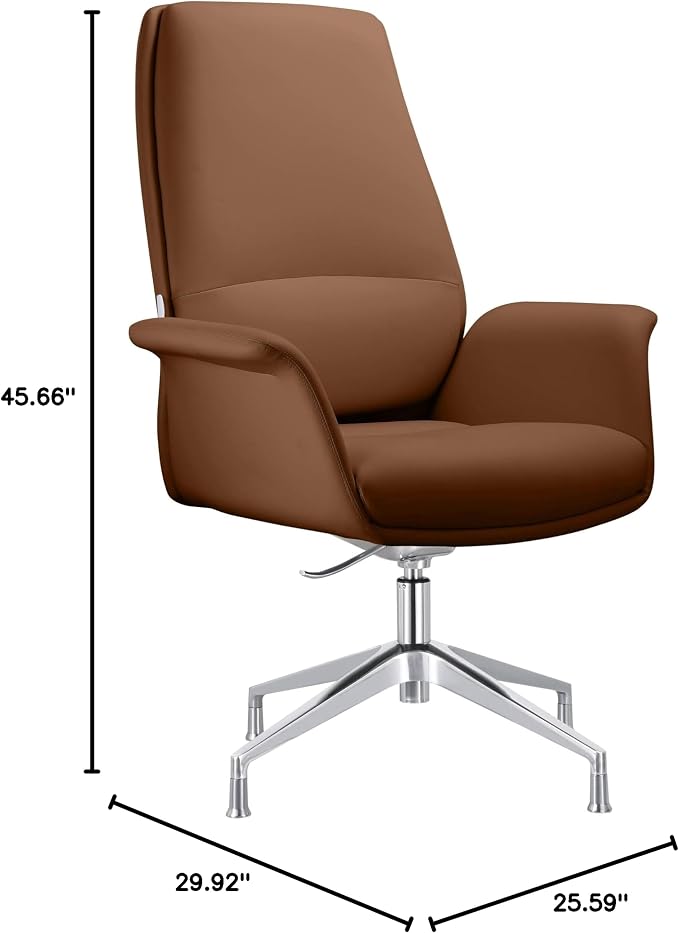 LeisureMod Mid-Century Modern Swivel Office Chair, Adjustable Height with Faux Leather Seat and Aluminum Frame, Dark Brown