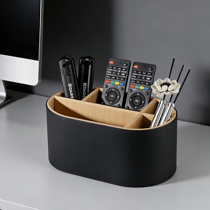 KINGFOM PU Leather Desk Organizer with Multi Compartments, Desktop Caddy Holder for Remote Controls, Pens, Makeup Brushes, Office Accessories (Black)