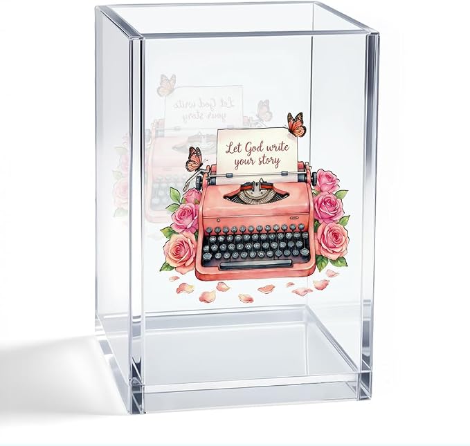 I Let God Write Your Story Acrylic Organizer Pencil Pen Holder, Vintage Typewriter Floral Acrylic Organizer, Christian Desk Decor Pen Holder, Inspirational Faith Gifts for Women Friend Mom
