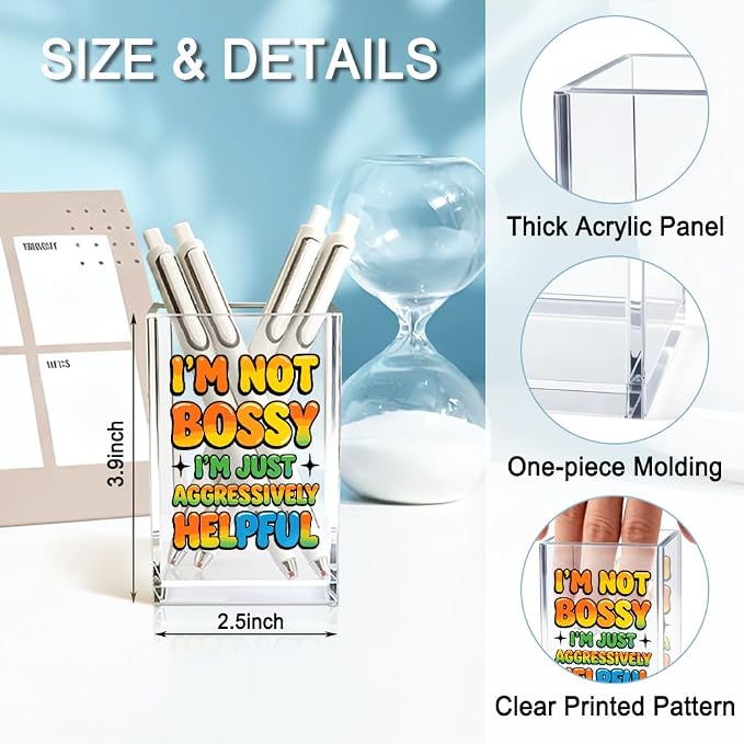 I'm Not Bossy I'm Just Aggressively Helpful Acrylic Pencil Holder Cup, Pen Holder for Home Office Desk Accessories for Women Leader Nurse Manager Boss, Funny Sarcastic Pen Organizer Work Gifts