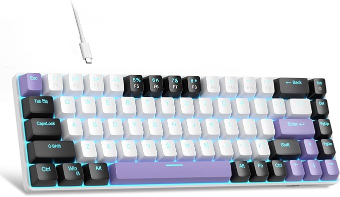 MageGee Portable 60% Mechanical Gaming Keyboard, MK-Box LED Backlit Compact 68 Keys Mini Wired Office Keyboard with Red Switch for Windows Laptop PC Mac - White/Purple