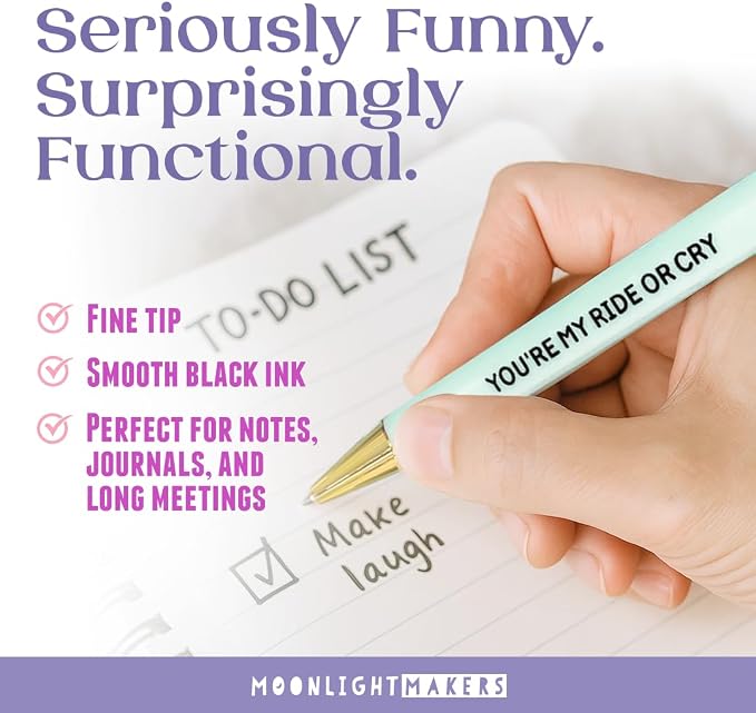 Moonlight Makers - Set of 5 Ballpoint Pens Black Ink - Engraved Funny Pens for Adults - Love You Bestie Appreciation Adult Gifts - Ideal Desk Decor for Work & Office Desk - Cute Packaging, Handy Clips
