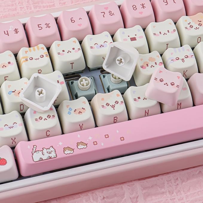 Tsungup Cute Cat Keycaps Set,Pink Pixel Mao Profile Keycaps,132 Keys PBT Custom Key Caps Keyboard Keycap for 60%,65%,75%,100% Mechanical Keyboard