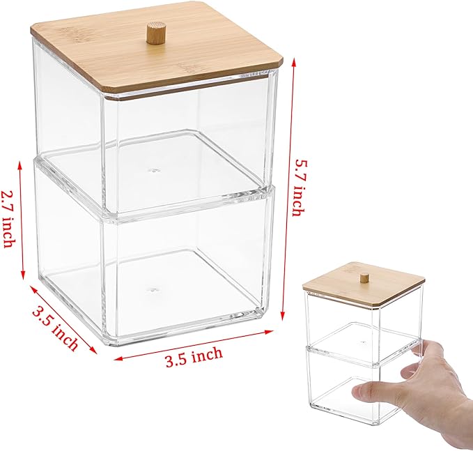 BTSKY Clear Stackable Paper Clip Holder with Bamboo Lid 2-Layer Paperclip Box Thick Acrylic Office Supply Accessory Organizer Square Small Storage Holder Cute Qtip Holder for Office Bathroom Vanity