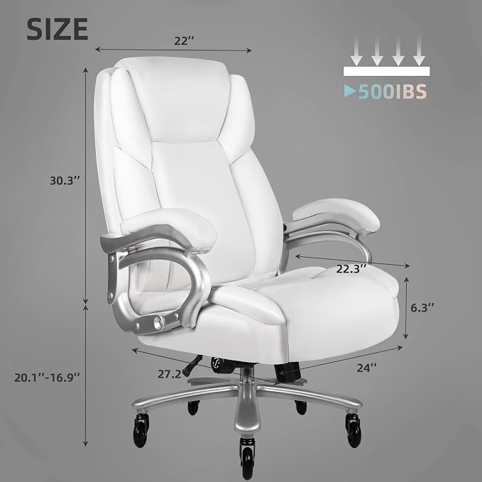 VITESSE 500lbs Heavy Duty Office Chair for Low Back Pain Relief, Big and Tall Office Chair with Ergonomic Lumbar Support, High Back Executive Chair with Quiet Rubber Wheel（White）