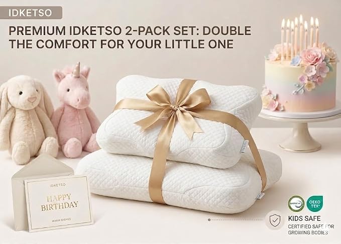 2 Pack Memory Foam Pillows, Kids Cervical Pillow for Neck Support, Ergonomic Memory Foam Pillow Set, Washable Contour Kids Pillow for Siblings Daycare and Sleeping, Ages 3-12 Years Old