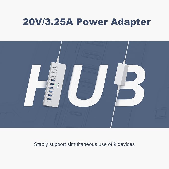 Powered USB Hub 10Gbps, intpw YH6AC 9-Port USB 3.2 /USB C Hub with USB A/USB C 3.2, 4 USB 3.0, 2 PD 45W Charging Port, 65W Power Adapter + 5FT Cable, Aluminum USB Hub for PC, iPhone 17/16/15/Laptop