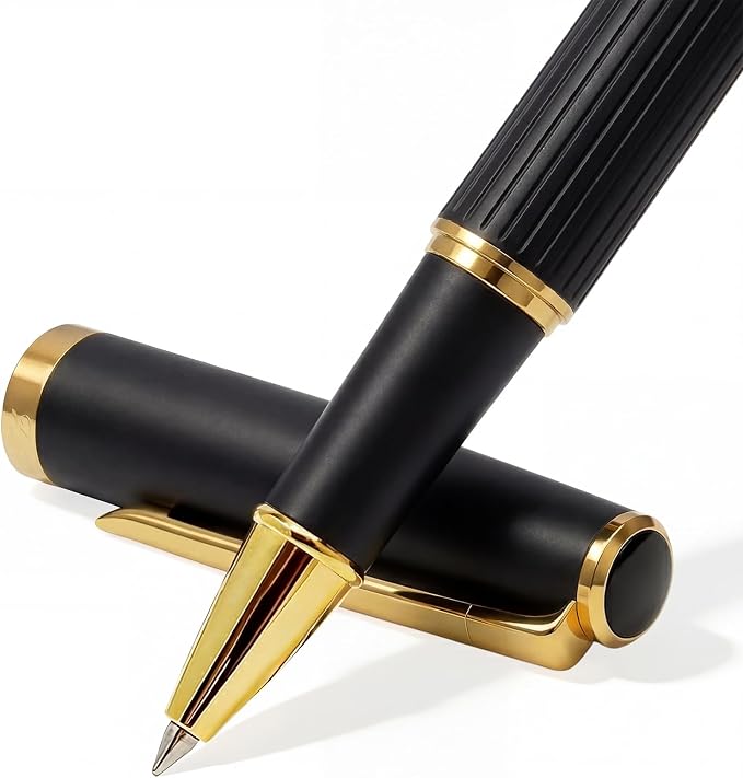 Liquid Ink Rollerball Pen,Rollerball Pen Smooth Writing Metal Body with 2 Schmidt Refills, Striped Barrel Design Nice Luxury Fancy Gift Set, Business signature journal(Black)