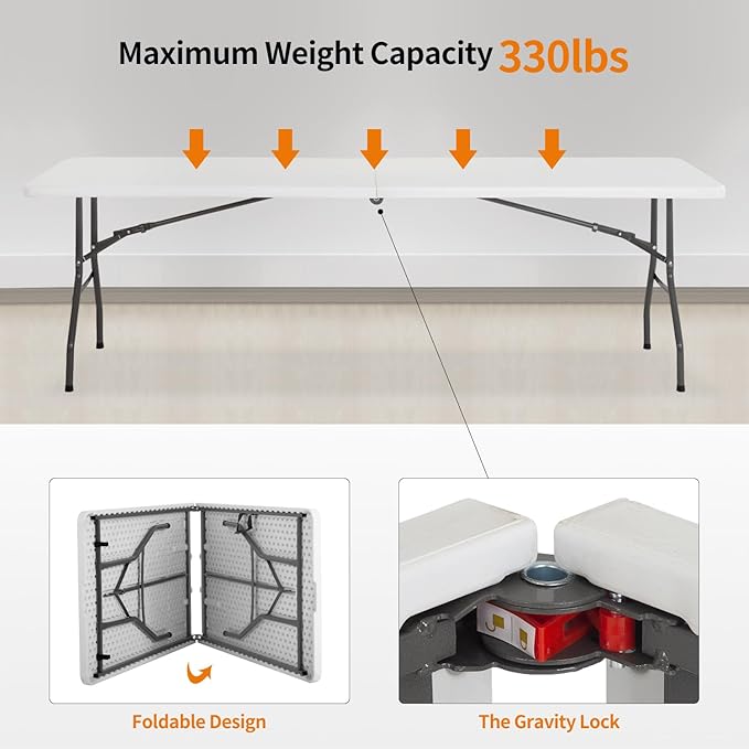 BestOffice 8 FT Picnic Table Plastic Camping Table Portable Square Height Folding Table Perfect for Picnics, Parties, Party and Camping, White