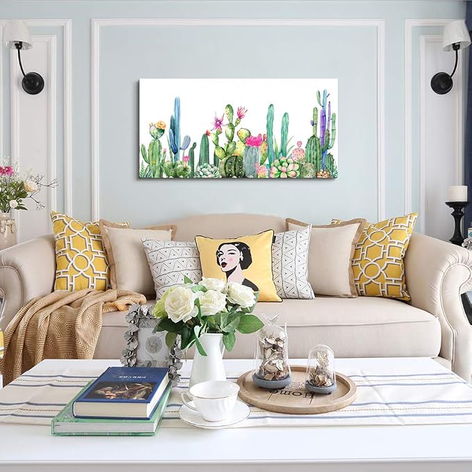 Wall Art for living room Canvas Prints Artwork bathroom Wall Decor Simple Life Green plants cactus Picture Watercolor painting Framed bedroom wall decorations Office posters Works Home Decoration