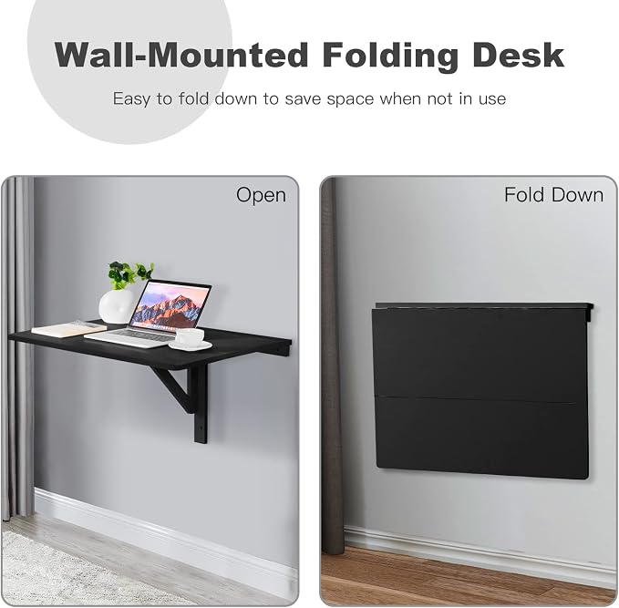 COSTWAY Wall Mounted Folding Table, 31.5" x 23.5" Drop-Leaf Floating Writing Desk for Small Spaces, Space-Saving Fold Down Laptop Workstation for Kitchen, Bedroom, Laundry Room, Study Room (Black)