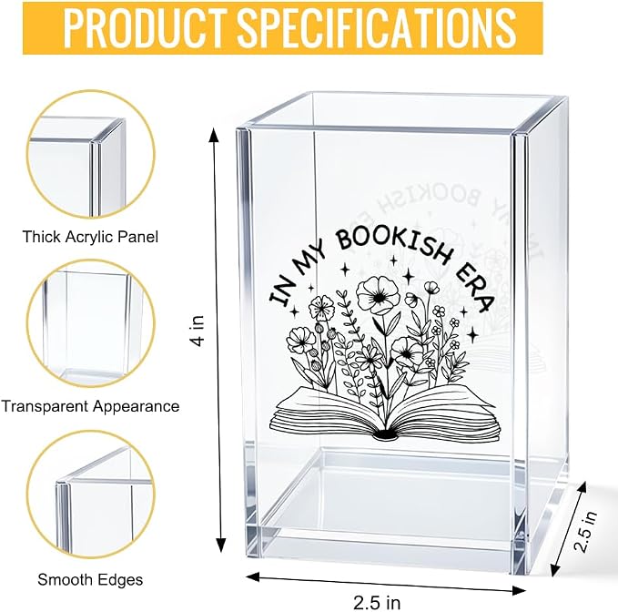 In My Bookish Era Acrylic Cosmetic Pencil Pen Bookmark Storage Holder Cup Storage Floral Books Acrylic Holder Cup Gifts for Women Readers Bookish Reader Book Nerdy Librarian Bookworm