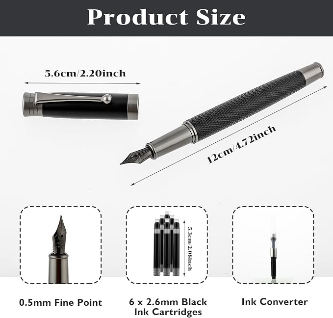TIESOME Luxury Fountain Pen Set, Metal Fountain Pen with 6 2.6mm Ink Cartridges Smooth Writing Calligraphy Pens for Journaling Gift Office Business (0.5mm fine point)