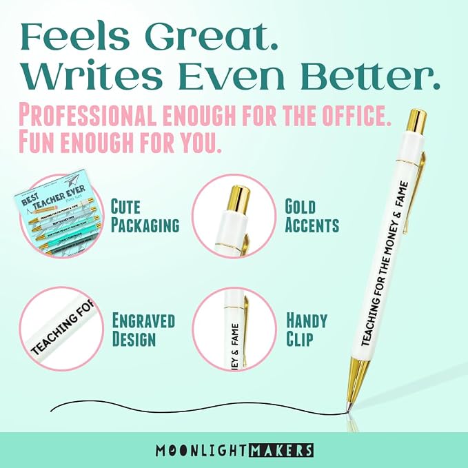 Moonlight Makers Funny Pens — Cute Pens for Teachers, Snarky Black Ink Ballpoint with Sayings, Fine Point Office Desk Accessories for Women and Coworkers Gift Ideas, Set of 5, Best Teacher Ever
