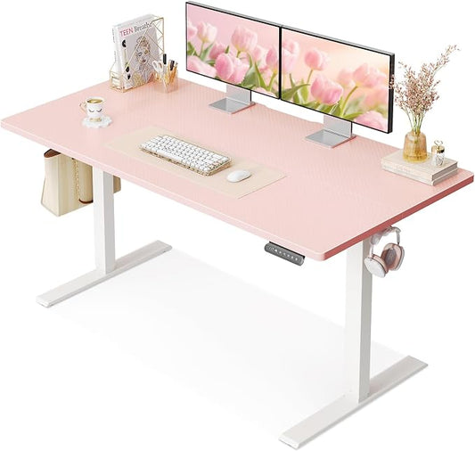 OffiGo 48" Pink Electric Standing Desk Height Adjustable for Home Office | 3 Memory Presets, Rear Cable Notch, Dual Side Hooks, Stand Up Desk for Bedroom, Study room, Home Office and Vanity Space