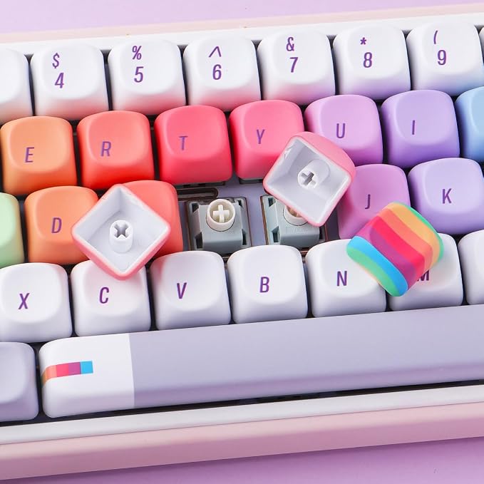Tsungup MOA Profile Keycaps,131 Keys Gray Rainbow Candy Custom Keycaps,PBT Cute Dye Sub Key Caps Keyboard Keycap Set for MX Switches Mechanical