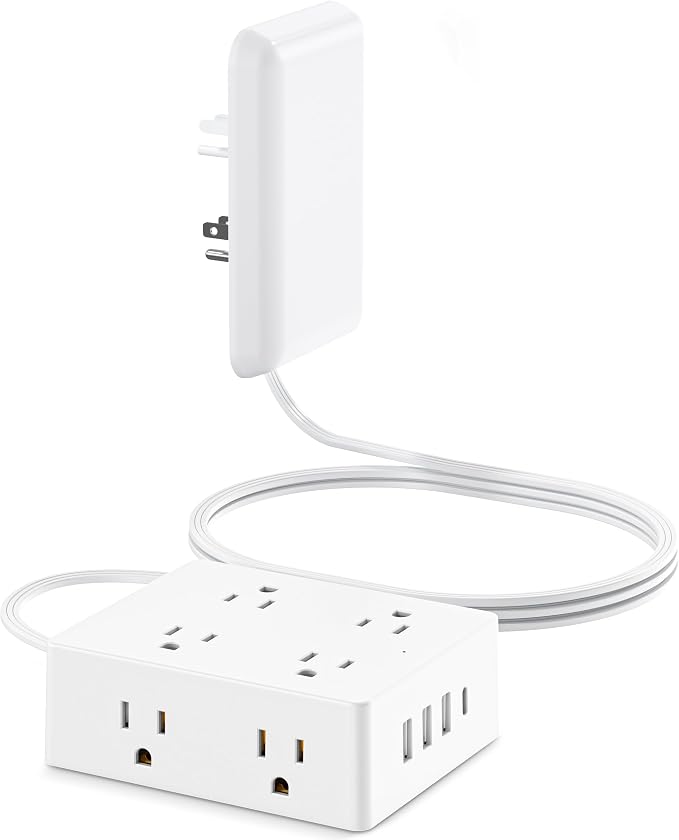 Olcorife Flat Extension Cord with Outlet Cover, Flat Plug Power Strip with 8 Outlets and 4 USB Ports, 3 FT Cord Hidden Outlet Extender for Tight Spaces