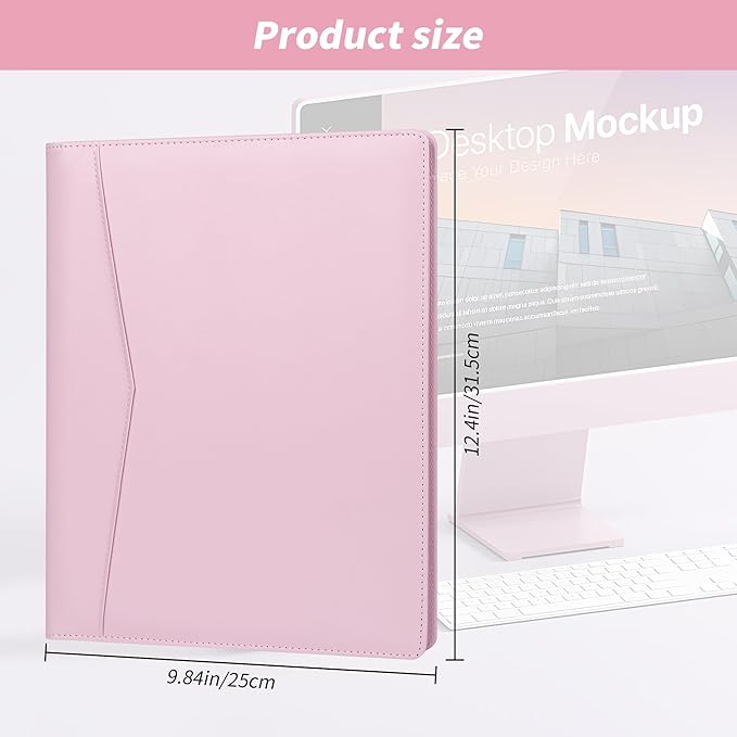 Pacific Mailer Padfolio Portfolio Leather Binder, Interview Legal Document Organizer, Business Card Holder Included Letter Sized Writing Pad [Pink, Piano Noir Faux Leather Matte Finish]