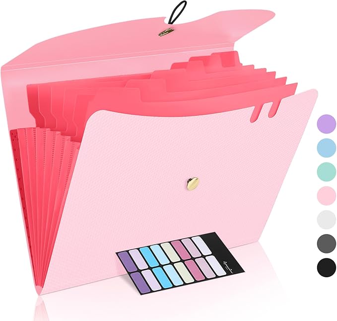 Sooez 7 Pocket Accordion File Organizer, Premium Expanding File Folder, Letter Size Folders for Documents, Sleek Filing Folders with Bungee Closure, Portable Folders for School Office Supplies, Pink
