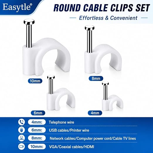 Cable Wire Clips 4mm 6mm 8mm 10mm (Pack of 200) Cable Management RG6 RG59 CAT5 CAT6 RJ45 Electrical Ethernet Dish TV Speaker Wire Cord Tie Holder Single Coaxial Nail Clamps