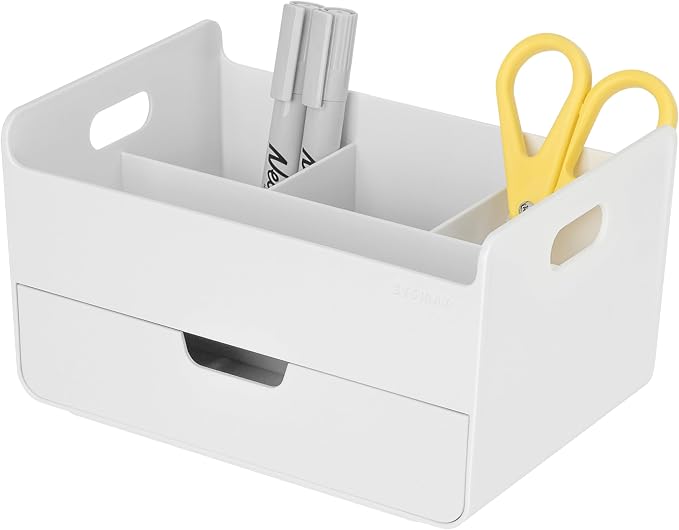 BLUE GINKGO Portable Desk Organizer, White, Made in Korea | 3 Compartments. Half Drawer. Everyday Storage.