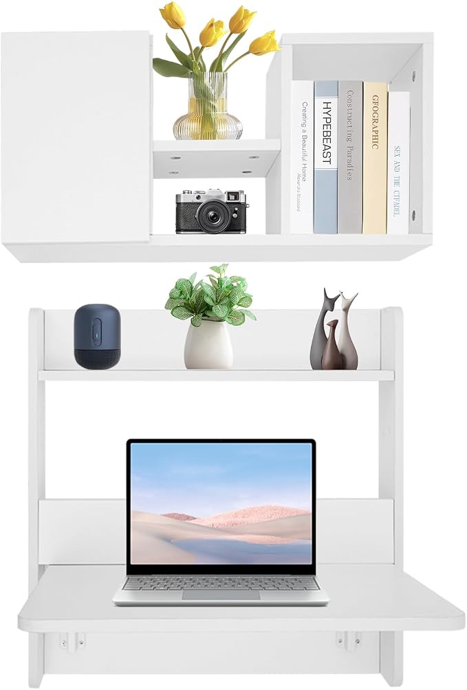 Floating Desk, 24" Wall Mounted Folding Desk with Bookshelf Folding Wall Desks Space Saving Workstation with Storage Shelves for Home Office Bedroom Study Room Small Space