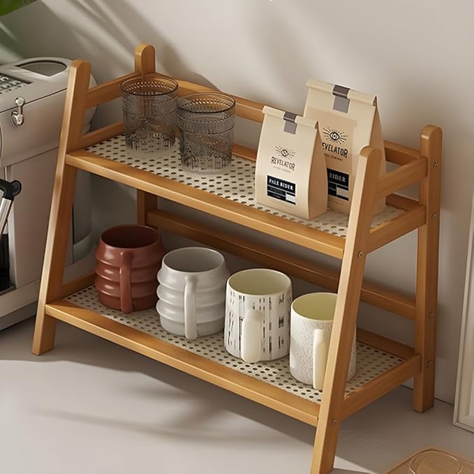 Hggzeg Wicker-Look Coffee Station Organizer, Double Layer Desk Organizers, Bamboo Home Coffee Mug Display Rack, Countertop Shelf, for Dormitory, Kitchen, Office (Original Wooden Color)