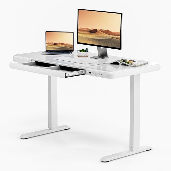 SANODESK Standing Desk with Drawer, Electric Height Adjustable Home Office Desk with Storage & USB Ports, 48 inch Tempered Glass Tabletop/White Frame