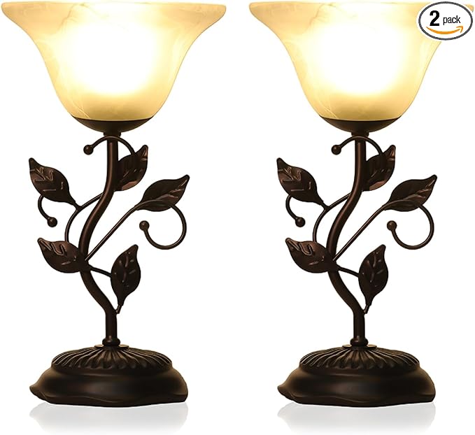Vintage Rural Leaf Table Lamp Set of 2, 7.28×7.28×14.29 inch LED Floral Desk Light, with Frosted Glass Shade, One-Button Switch for Bedroom, Living Room, Nightstand, LED Bulb Included