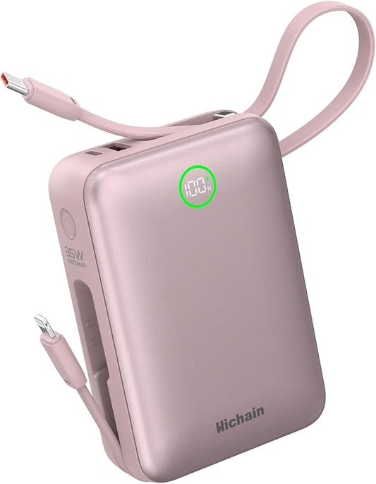 Hichain Portable Charger 20000mAh Power Bank 35W Power Bank Fast Charging Battery Pack with Dual in Cables Compact Battery Bank with Digital Display for iPhone Android Portable Phone Charger Pink