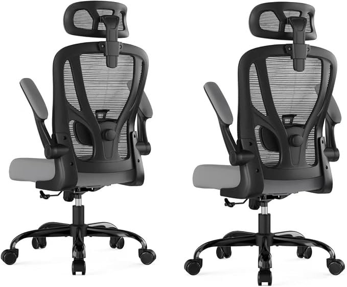 Office Chair Ergonomic Desk Chair - Mesh High Back Office Chair with Headrests Wheels Lumbar Support Home Desk Office Chairs Flip up Armrest Executive Rolling Computer Chair Black Gray 2 Pack