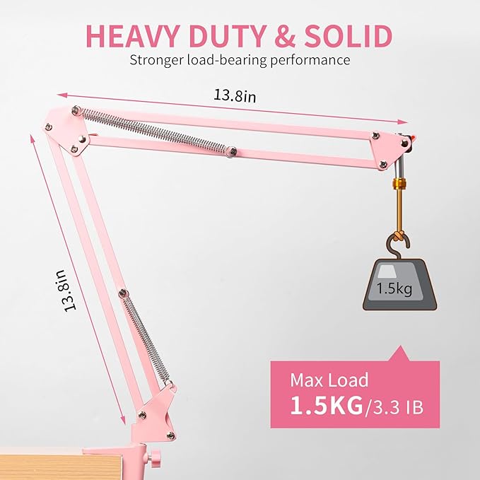 FEELWORLD AMS1 Microphone Boom Arm, Adjustable Mic Arm Stand with 3/8” to 5/8” Screw, Compatible with PM1 and other Mics for Podcast Straming Gaming Studio （Pink)