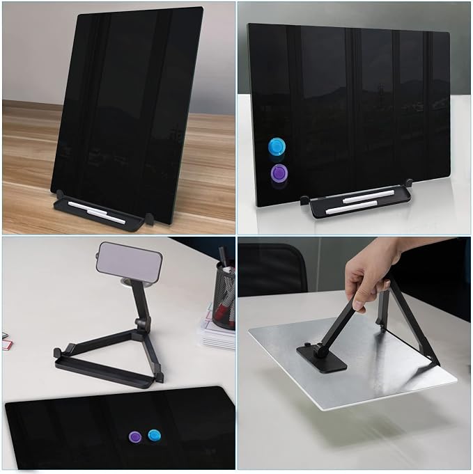 Black Magnetic Glass Board Desktop Easel, 16x12 Black Dry Erase Board for Desk, Tabletop Glass Whiteboard on Adjustable Stand, ZHIDIAN Portable Tempered Glass Board for Office Home
