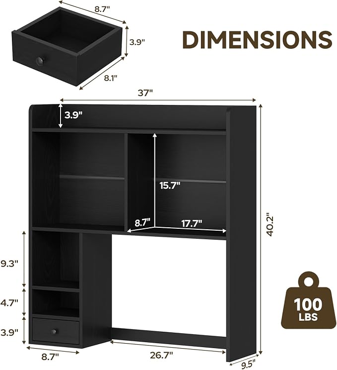 knoworld Desktop Bookshelf for 27" Monitor, Space-Saving Engineered Wood Desk Hutch Organizer with Adjustable Shelves & Drawer, Clutter-Free Tabletop Bookcase for Dorm & Home Office, Black