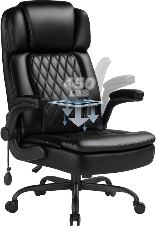 450lbs Executive Office Chair for Heavy People, Ergonomic Big and Tall Desk Chair with Adjustable Lumbar Support&Flip Up Armrest,High Back PU Leather Comfy Swivel Computer Chair