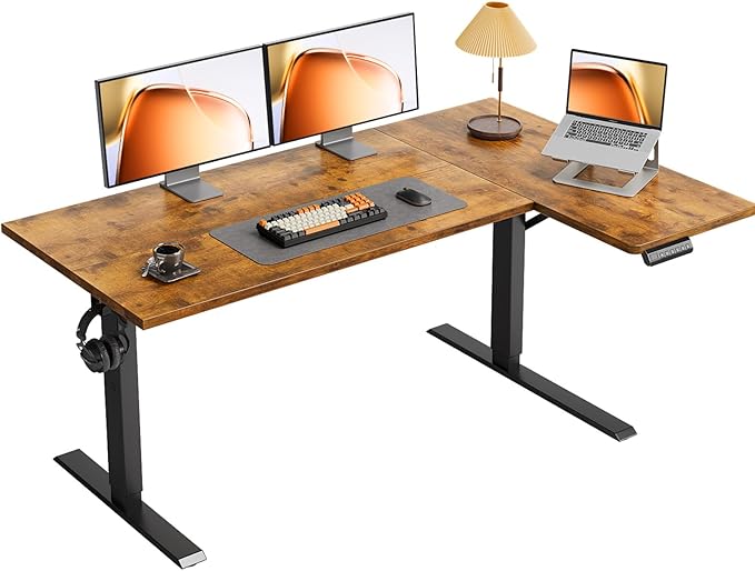 OffiGo Electric L Shaped Standing Desk, 55 Inches Height Adjustable Table, Reversible Corner Stand Up Desk, Lifting Computer Table for Home Office, Computer Workstation, Rustic Brown